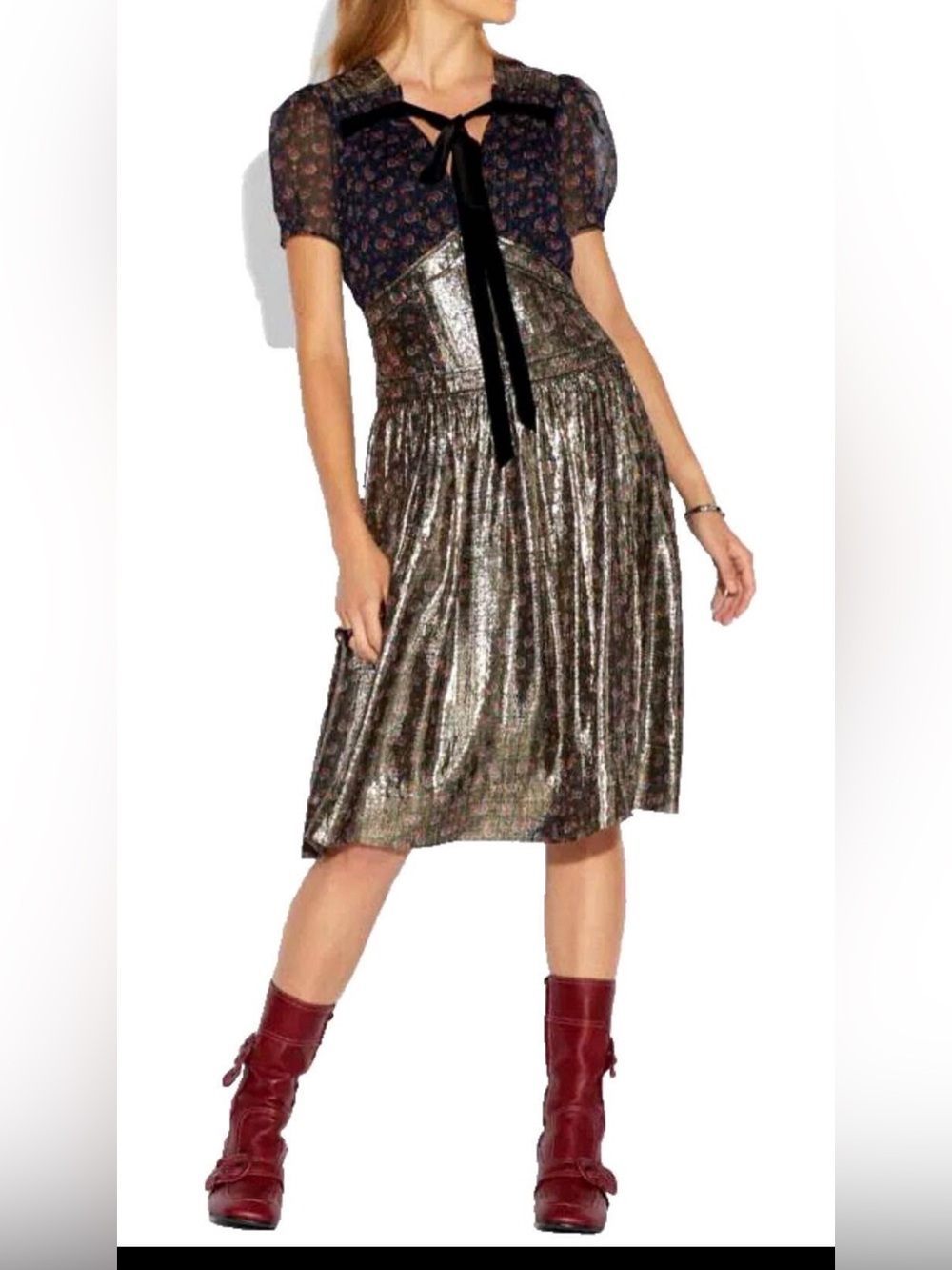 Coach Navy and Gold Floral Metallic Dress